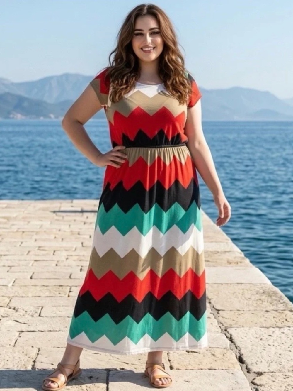 J for Justify Multicolor Chevron Print Short Sleeve Women's Maxi Dress Size 2X